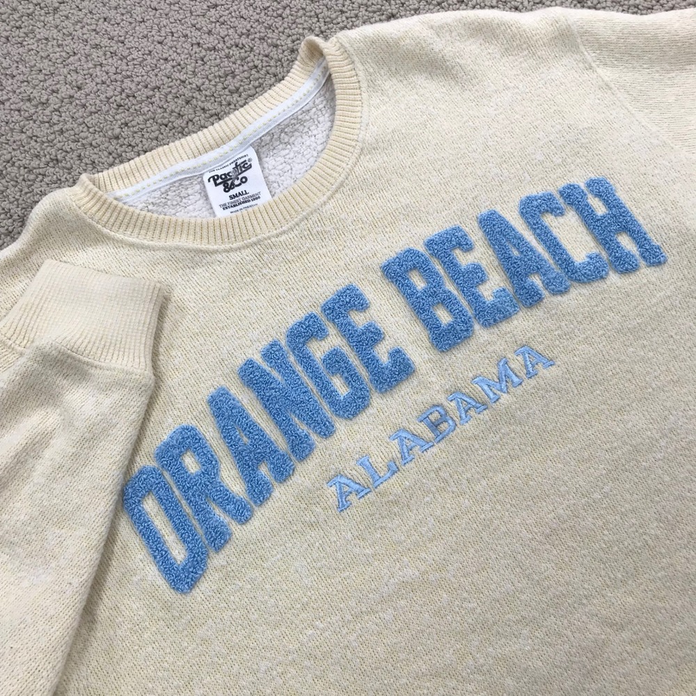 Pacific & Co Orange Beach Alabama Sweatshirt Small Cream Blue Chenille Crewneck
